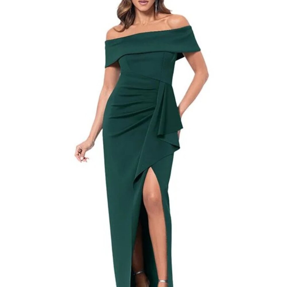 XSCAPE Women's Off-The-Shoulder Ruched Side-Slit Gown Hunter Size 6